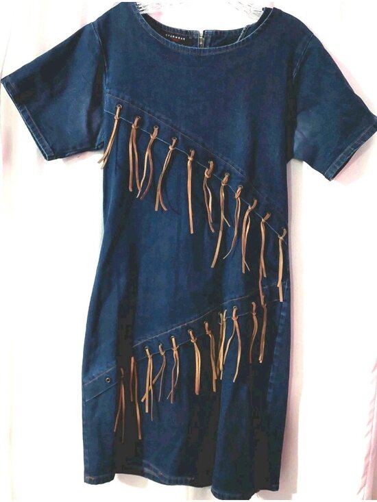 Starwear Dresses & Skirts - Starwear Jeans Denim Dress Size Medium Fringe Leather Accents Vintage READ